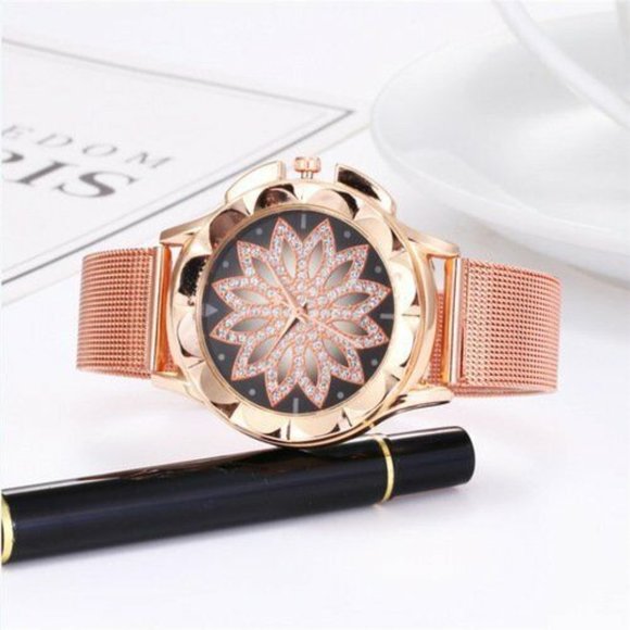 Fashion Women Rose Gold Flower Vansvar Rhinestone Wrist Watch main image 4